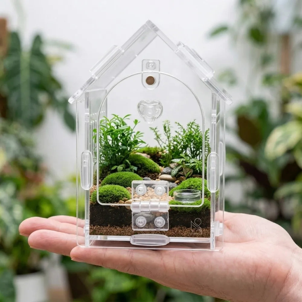 Eine Hand hält ein durchsichtiges Glasterrarium in Hausform mit Moos und kleinen Pflanzen.