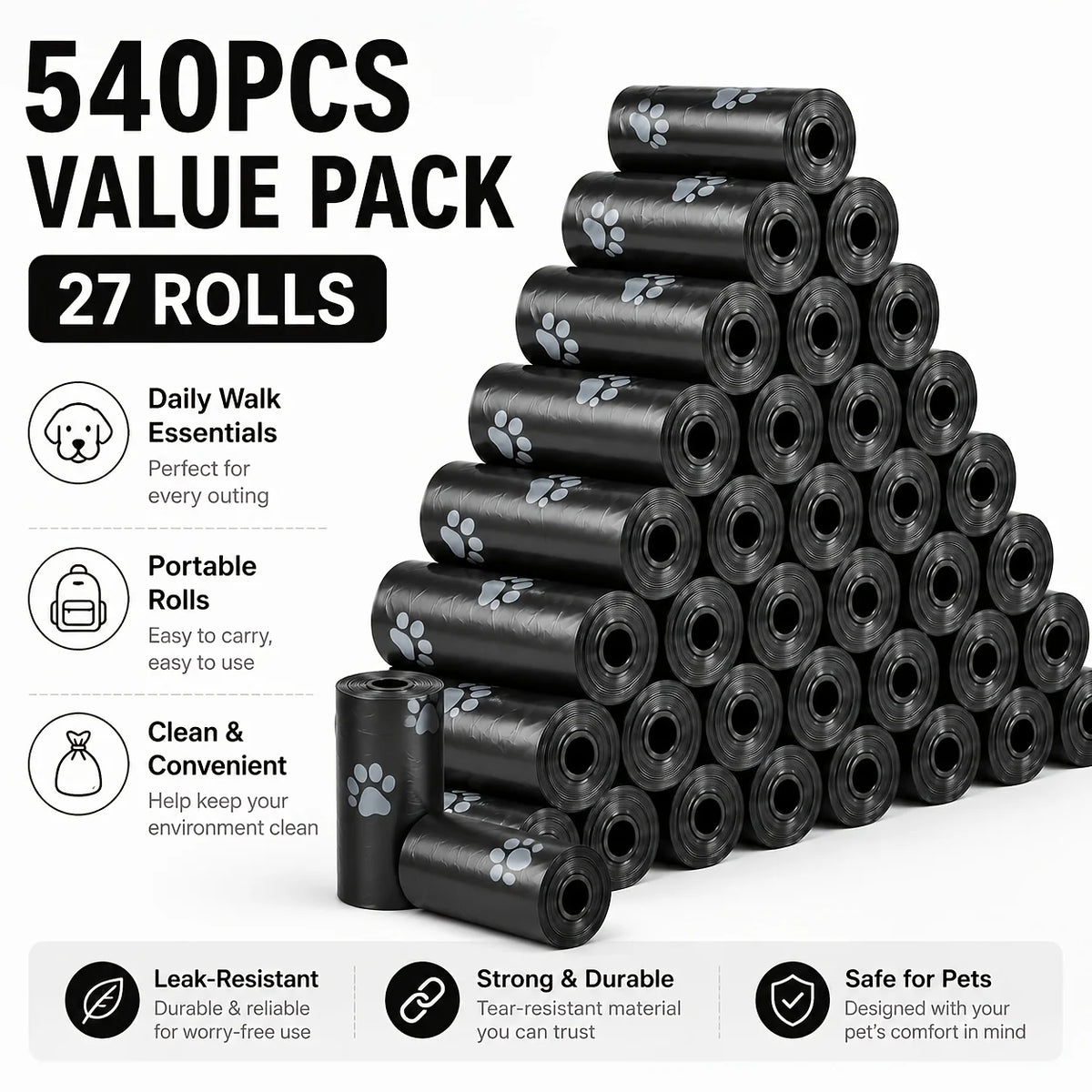 A stack of 27 rolls of leak-resistant dog waste bags in black and gray for easy outdoor cleanup.