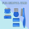 A set of blue and silver combs and brushes for flea removal and lice control.