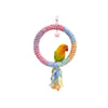 A bendable cotton rope perch for small birds, featuring a purple and blue braided ring with a pink charm.