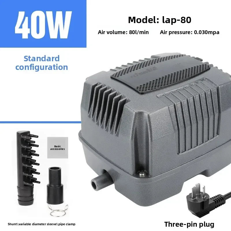 A gray air pump labeled 40W with accessories shown, including a three-pin plug.