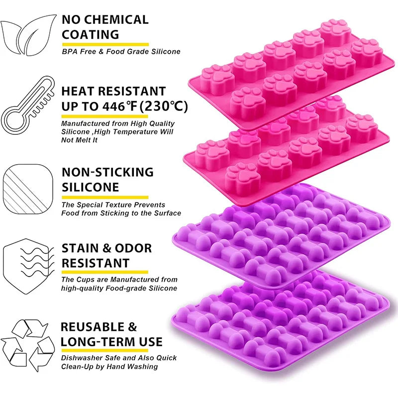 A set of purple silicone molds for dog paw and bone treats, designed to be heat resistant and non-stick.
