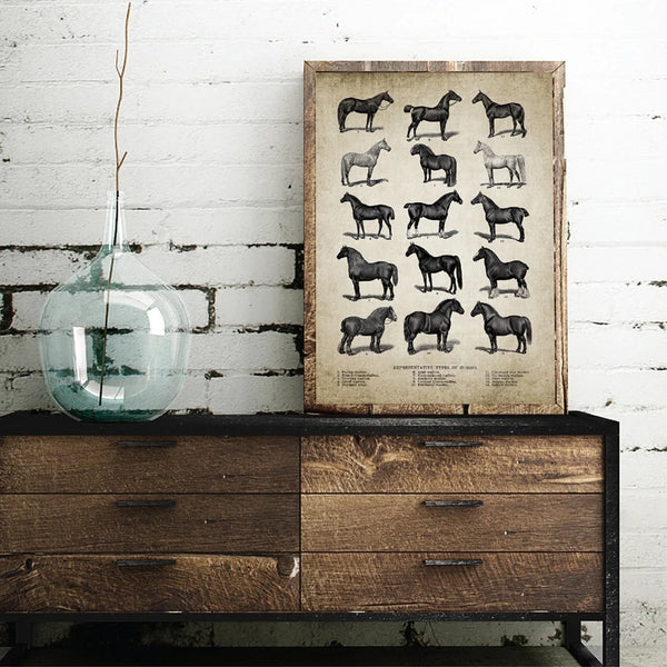 A vintage canvas print featuring silhouettes of various farm animals like horses and dogs.