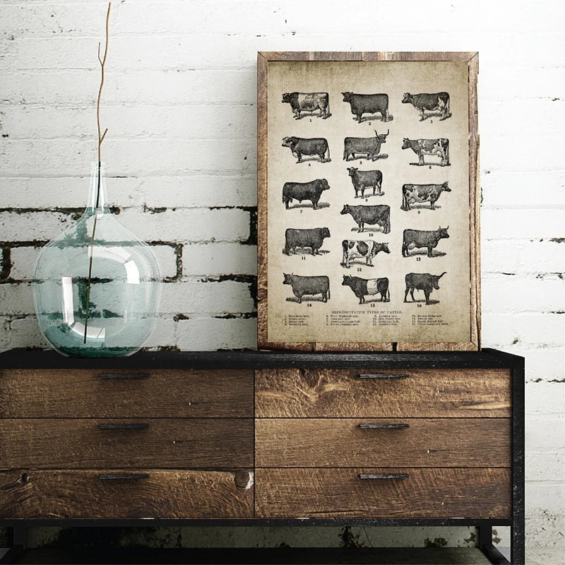 Vintage Farm Animals Poster Print - Chicken, Pig, Sheep and Horse