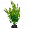 A vibrant green artificial aquarium plant with delicate, feathery leaves planted in a small black pot.
