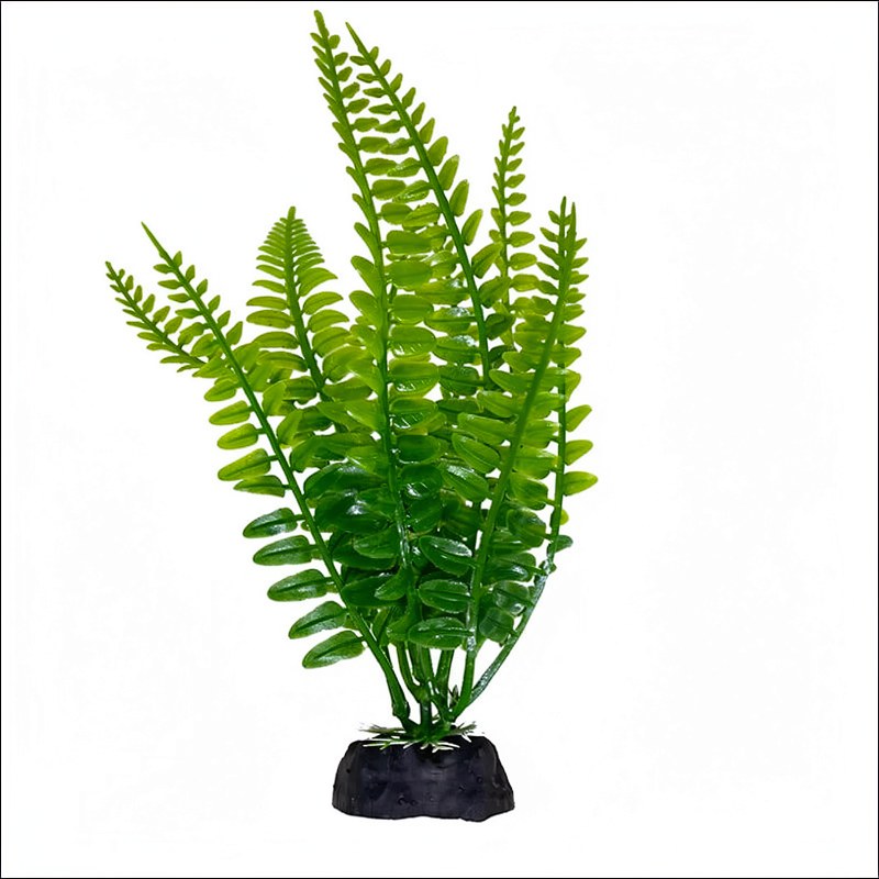A vibrant green artificial aquarium plant with delicate, feathery leaves planted in a small black pot.