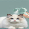 A fluffy white cat looks at a handheld grooming comb with a mist function being used on its fur.