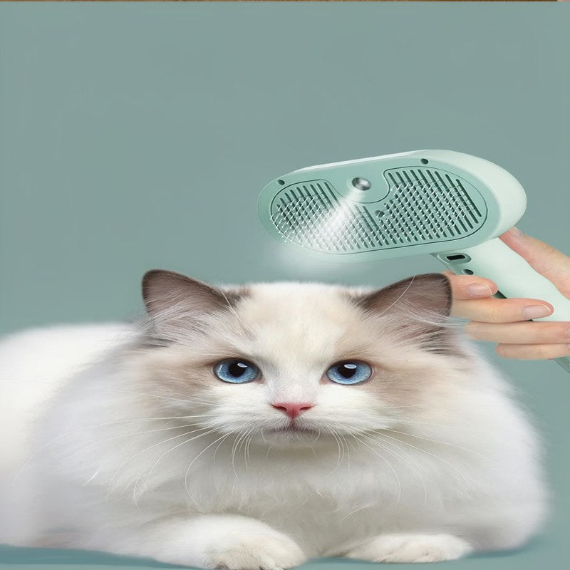 A fluffy white cat looks at a handheld grooming comb with a mist function being used on its fur.