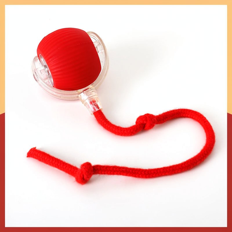 Roter, bewegungsgesteuerter Katzenspielball mit klarem Gehäuse und rotem Faden.