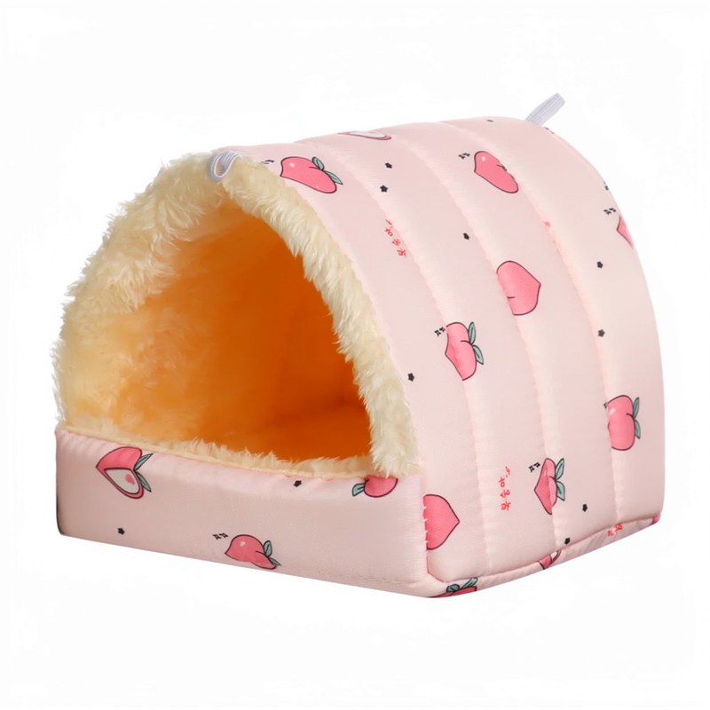 A pink flannel pet nest bed with a yellow interior and pink fruit patterns.
