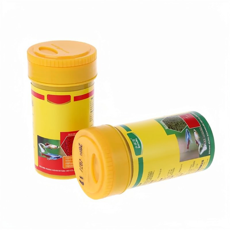 Conteneur en plastique jaune de nourriture pour poissons tropicales enrichie en spiruline
