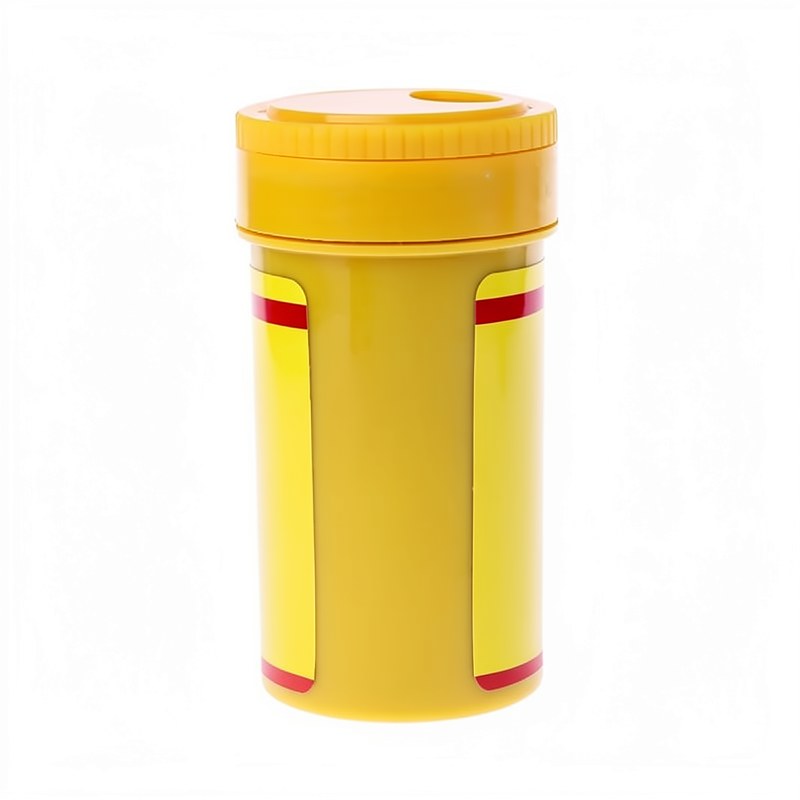 Conteneur en plastique jaune avec couvercle jaune et accents rouges pour nourriture de poisson spiruline