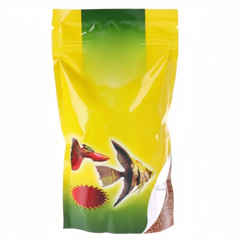 Gelb-grüne Verpackung für tropische Guppy- und Laternenfisch-Fließfutter