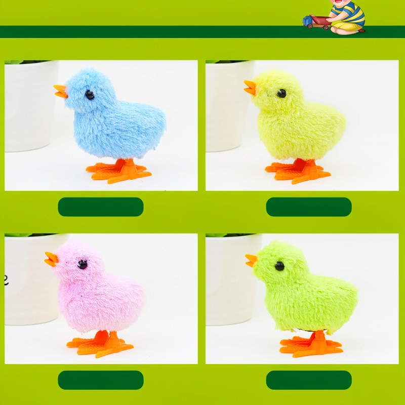 A collection of wind-up plush toys depicting chicks in blue, yellow, and pink colors.