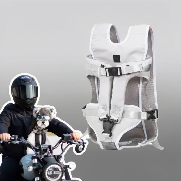 A white lightweight pet carrier shoulder bag is shown next to a person wearing a black helmet and holding a motorcycle.