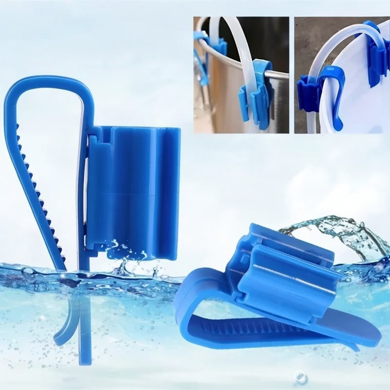 Blue silicone siphon hose clip used to secure aquarium hoses or tubes.