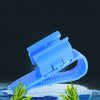 A bright blue aquarium siphon hose clip is shown resting on ice with green aquatic plants.