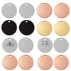 A collection of round stainless steel pet ID tags in silver, black, gold, and rose gold finishes.