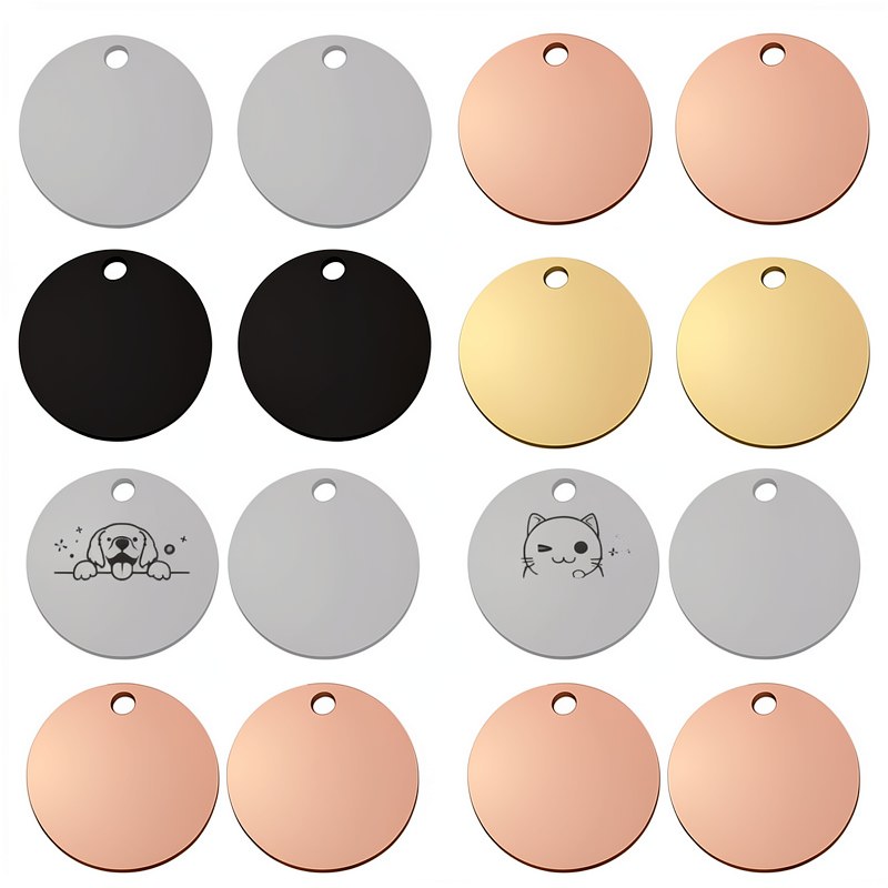 A collection of round stainless steel pet ID tags in silver, black, gold, and rose gold finishes.