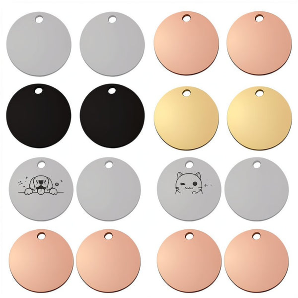 A collection of round stainless steel pet ID tags in silver, black, gold, and rose gold finishes.