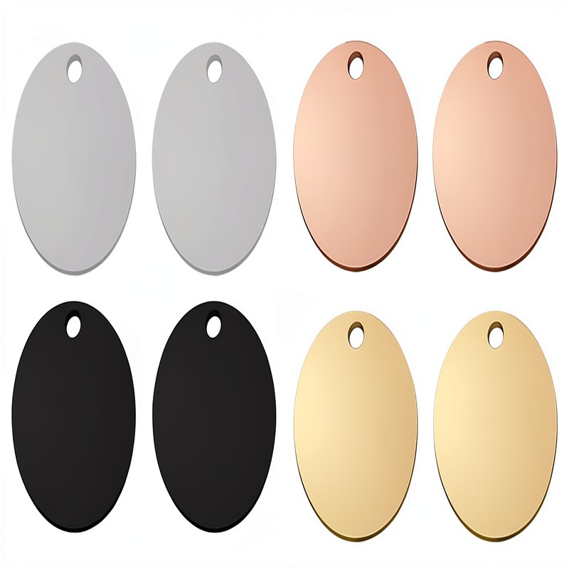 Four personalized stainless steel pet ID tags in silver and rose gold tones.