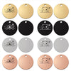 A collection of round stainless steel pet ID tags in gold, black, and silver finishes.