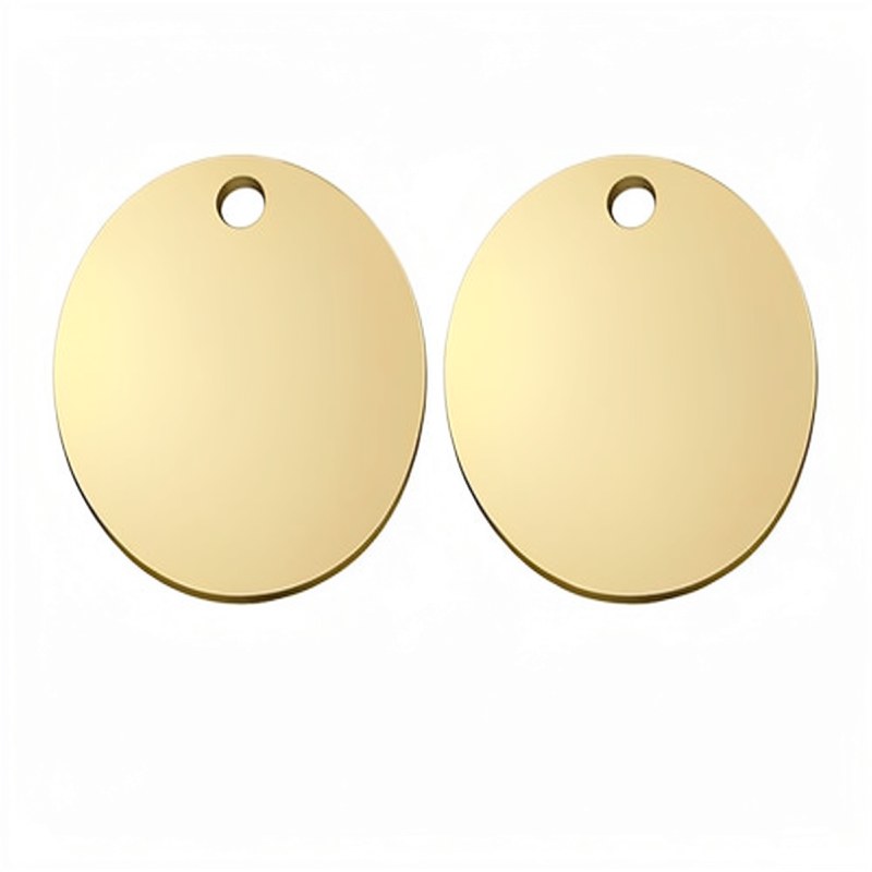 A pair of round, gold-colored stainless steel pet ID tags with a loop for attachment.