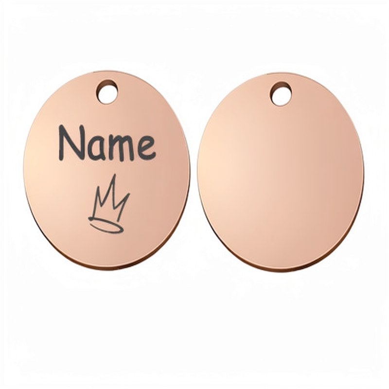 Two round rose gold stainless steel pet ID tags with the word Name engraved and a crown symbol.