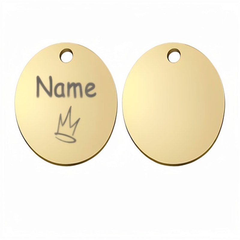 Two round gold stainless steel pet ID tags with the word Name engraved and a crown symbol.