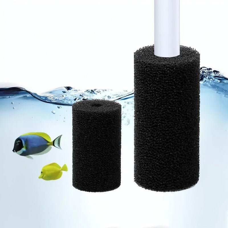 Black aquarium intake pre-filter sponges submerged in clear water with small yellow and blue fish visible