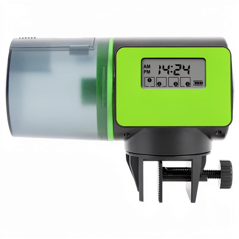 A green and silver automatic aquarium fish feeder with a digital display is shown.