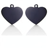 A pair of dark gray heart-shaped stainless steel pet ID tags with loops.