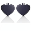 A pair of dark gray heart-shaped stainless steel pet ID tags with loops.