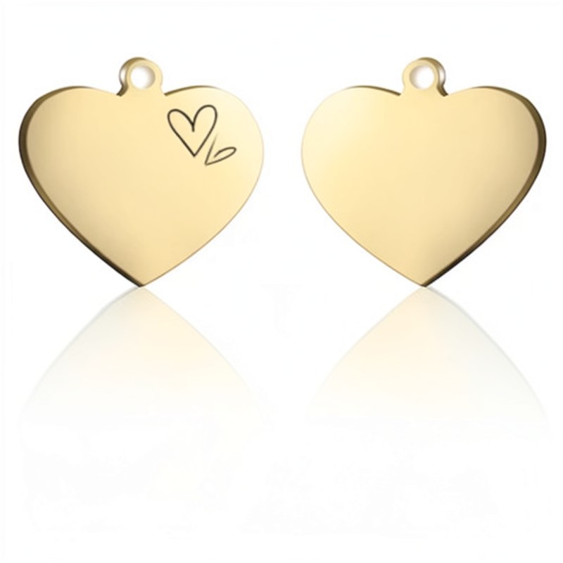 Two gold-colored heart-shaped stainless steel pet ID tags with a small heart design etched on them.