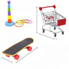 A set of parrot activity toys including a colorful tower, rings, and a skateboard.