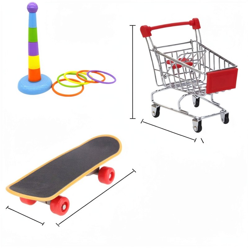 A set of parrot activity toys including a colorful tower, rings, and a skateboard.