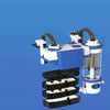 A wall-mounted aquarium filter unit with blue and white components and multiple filter baskets.