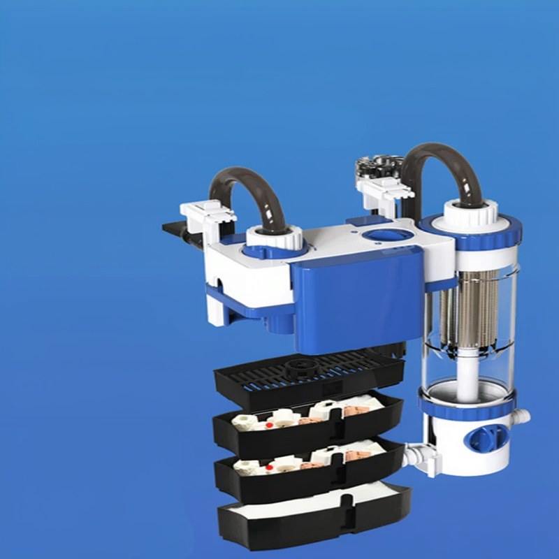 A wall-mounted aquarium filter unit with blue and white components and multiple filter baskets.