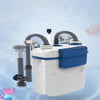 A white wall-mounted aquarium filter unit with a blue housing and intake tubes is shown against a light blue background.