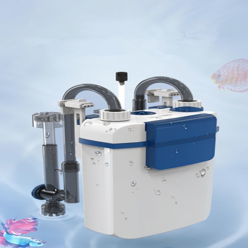 A white wall-mounted aquarium filter unit with a blue housing and intake tubes is shown against a light blue background.
