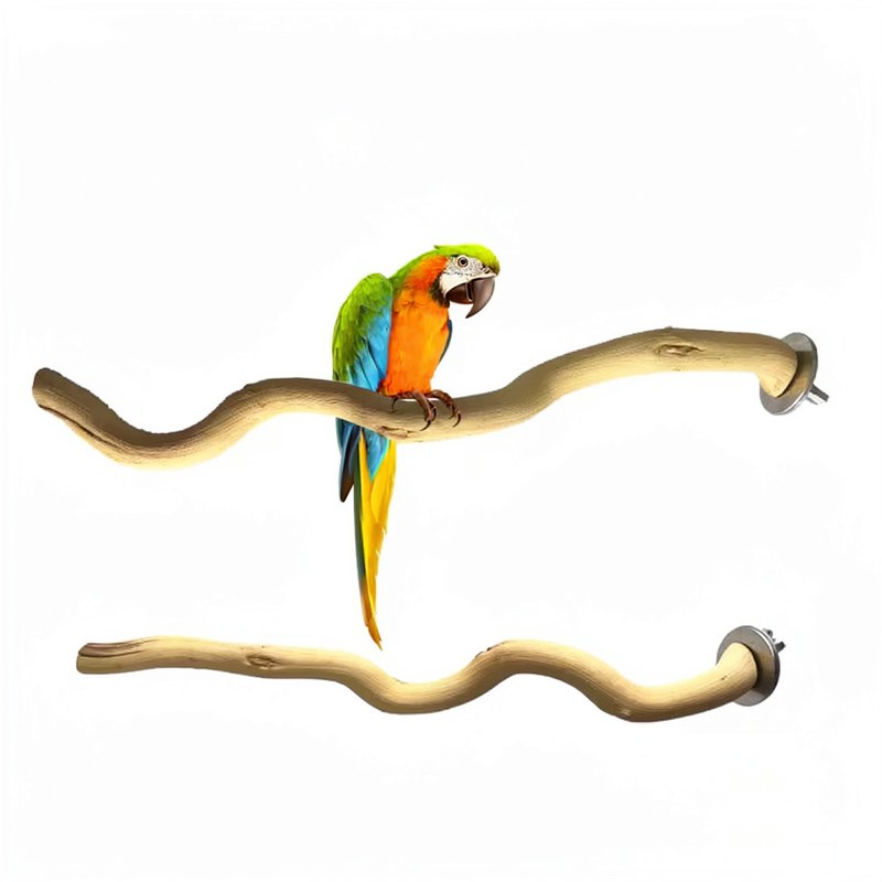 A vibrant green and orange parrot perched on a natural wood bird perch and chew toy.