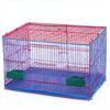 A rectangular bird cage with red and blue mesh panels, featuring a clear plastic cover.