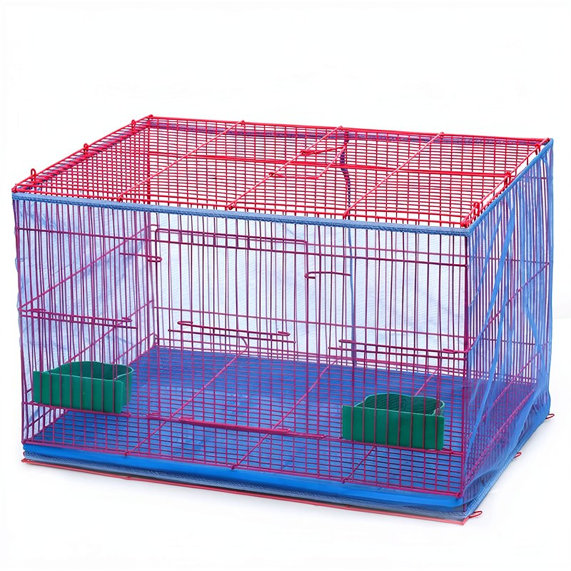 A rectangular bird cage with red and blue mesh panels, featuring a clear plastic cover.