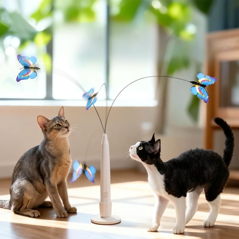 Eine schwarz-weiße Katze spielt mit einem Saugnapf-Stabspielzeug mit einem rotierenden Schmetterling.