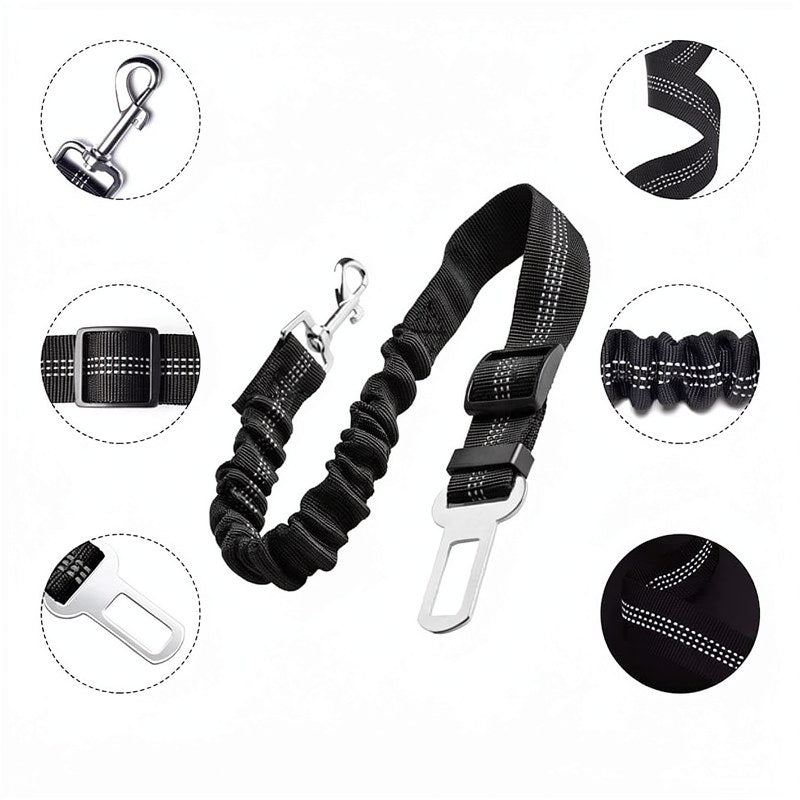 Ceinture de sécurité pour voiture pour animal noir, ajustable, avec élastique amortisseur et boucle métallique, montrée sous 