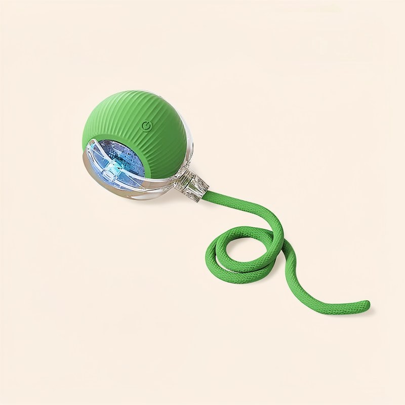 Un jouet en forme de balle interactif pour chat vert vif et intelligent, avec une section sphérique transparente et un cordon