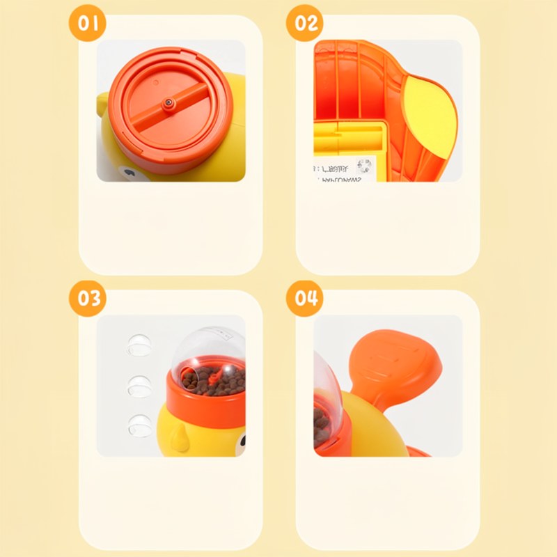 Vier Schritte zur Montage und Verwendung eines orangen und gelben interaktiven Spielzeugverteilers für Haustiere.
