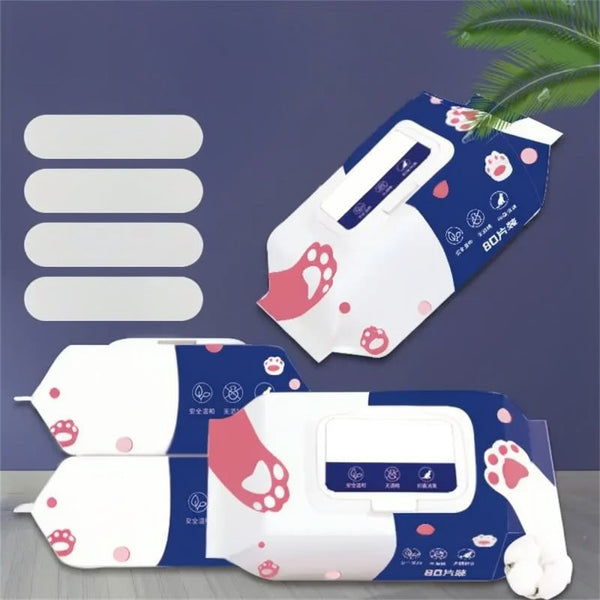 A package of gentle pet cleaning wipes with RO pure water is shown against a dark blue background.