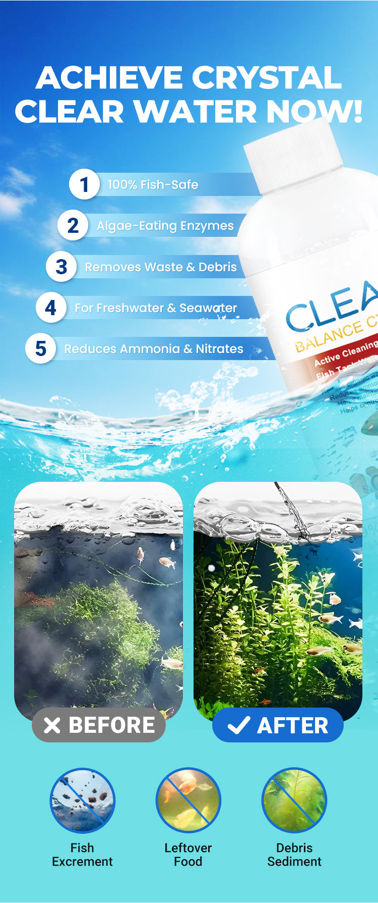 A bottle of crystal clear water treatment for aquariums showing before and after results like fish excrement and debris sedim