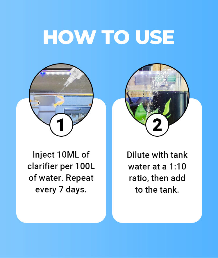 How to use instructions for an aquarium water clarifier, showing steps to inject and dilute the product.